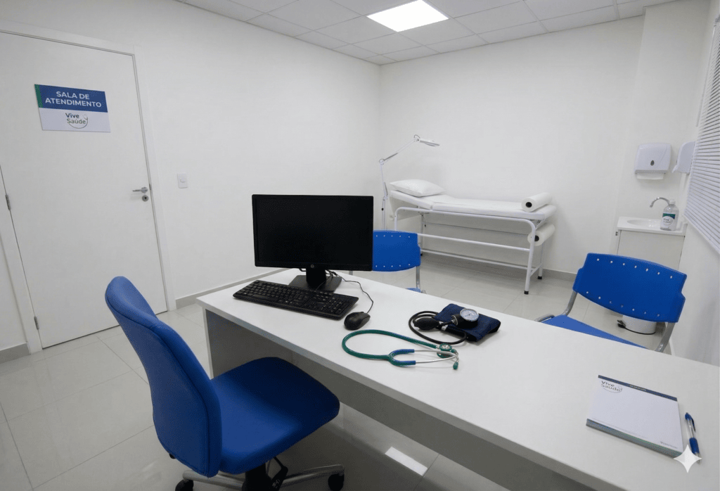 Sala de atendimento médico limpa e equipada