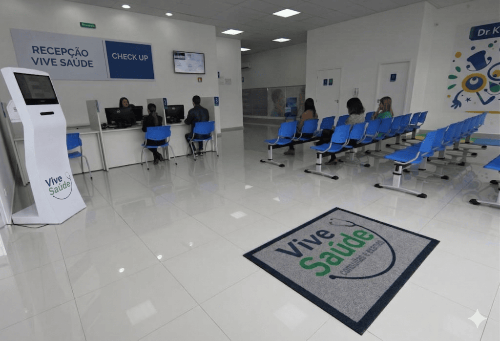 Sala de espera moderna e confortável da Clínica Vive Saúde